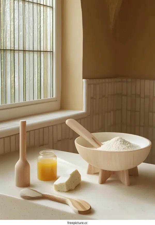 Wooden Bowl and Kitchen Utensils on Countertop
