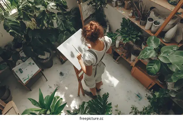 Woman Artist Painting with Plants in Background