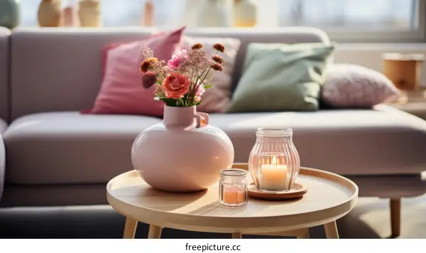 A beautiful living room with a vase of flowers and a candle on a coffee table