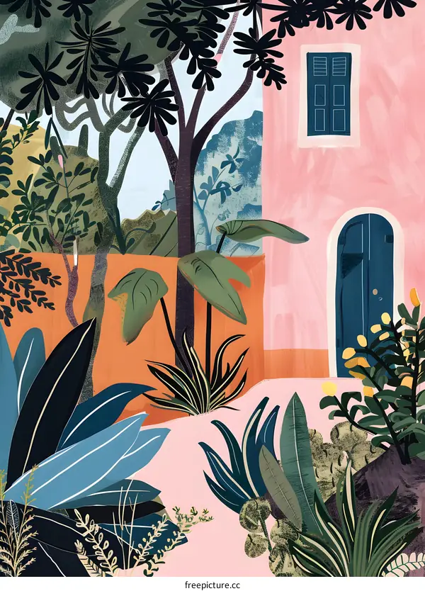 Tropical Garden House Illustration with Blue Door and Windows