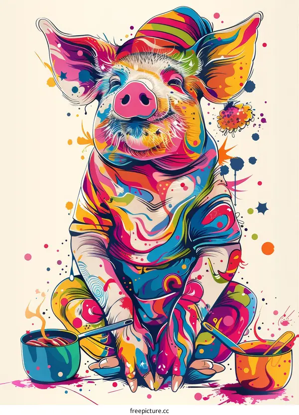 A psychedelic pig sits on the floor with two bowls of soup