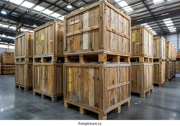 Stacks of wooden crates in a warehouse