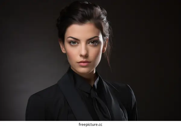 A portrait of a beautiful young woman with brown hair and green eyes wearing a black suit