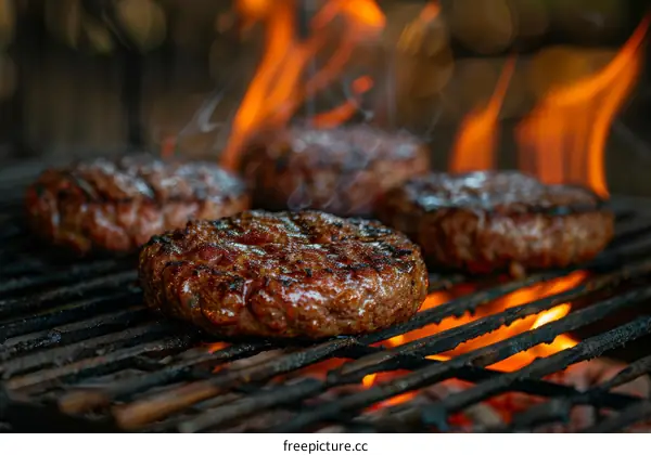 Beef patties sizzling on a flaming grill