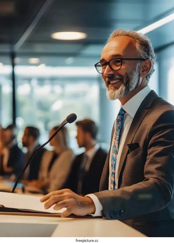 Smiling Businessman Giving a Speech at a Conference