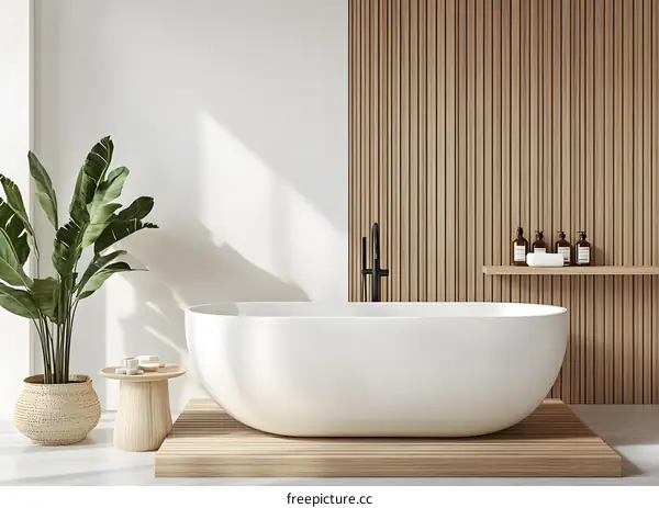 Minimalist Bathroom Interior Design with Freestanding Tub and Wooden Wall