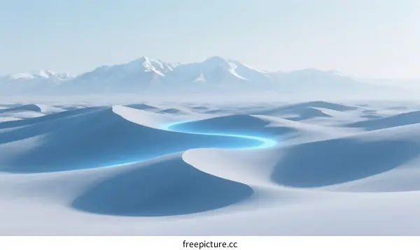 Vast White Desert with Glowing Blue Stream and Snow-Capped Mountains