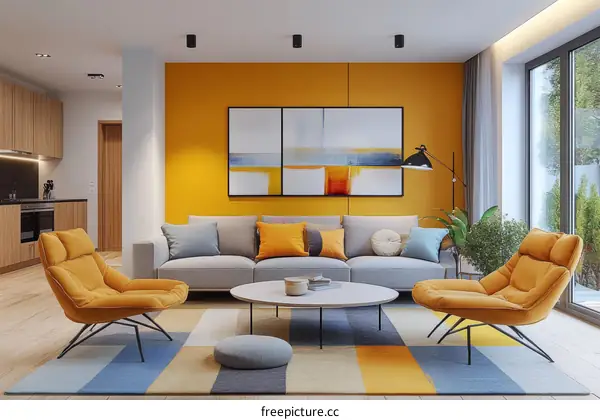 Modern Living Room Interior Design with Mustard Yellow Accents