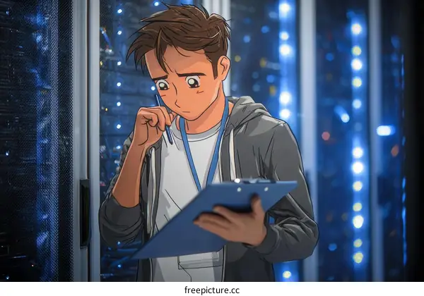 Focused Asian Man in Server Room