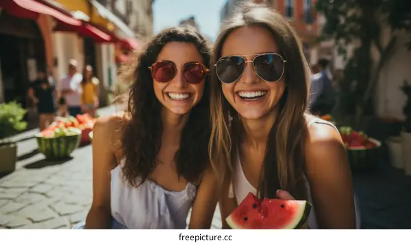 Two happy young women eating watermelon in the street