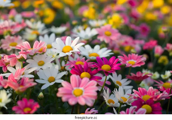 Close Up of White Pink and Yellow Daisies