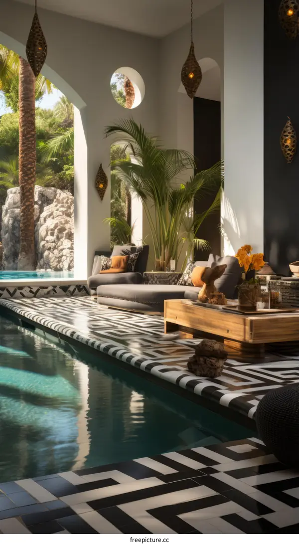 Black and white geometric tile pool with tropical plants