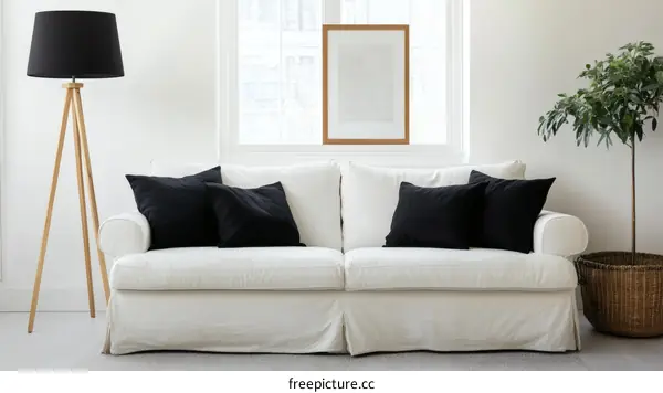 Modern Living Room with White Sofa and Black Pillows