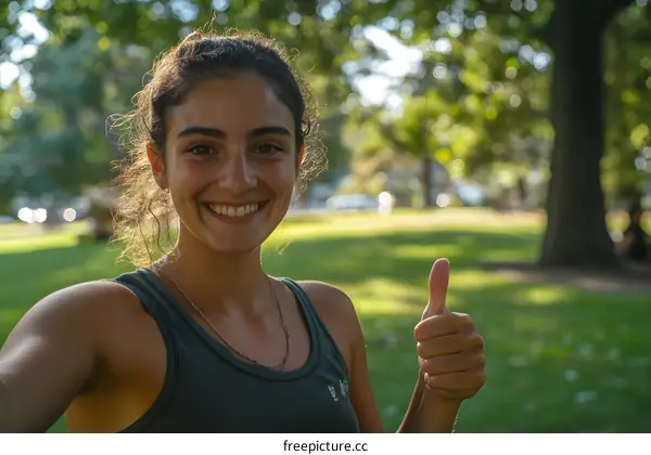 Smiling Woman Giving Thumbs Up in Park