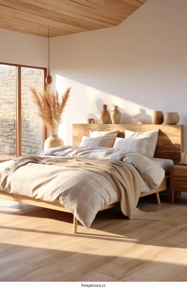 Bedroom with Large Bed, Nightstand, and Flowers