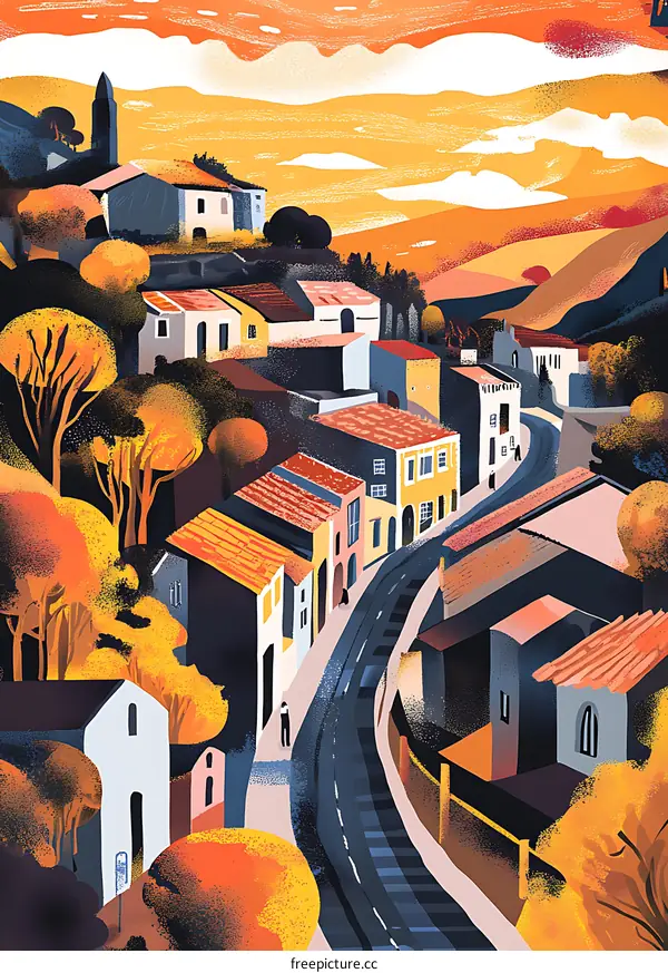 Colorful Illustration of a European Town at Sunset