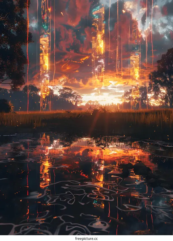 Futuristic Cityscape Reflection in Water