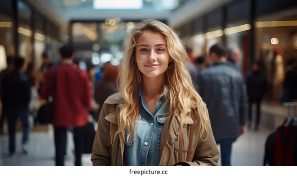 Portrait of a young blonde woman smiling in a shopping mall
