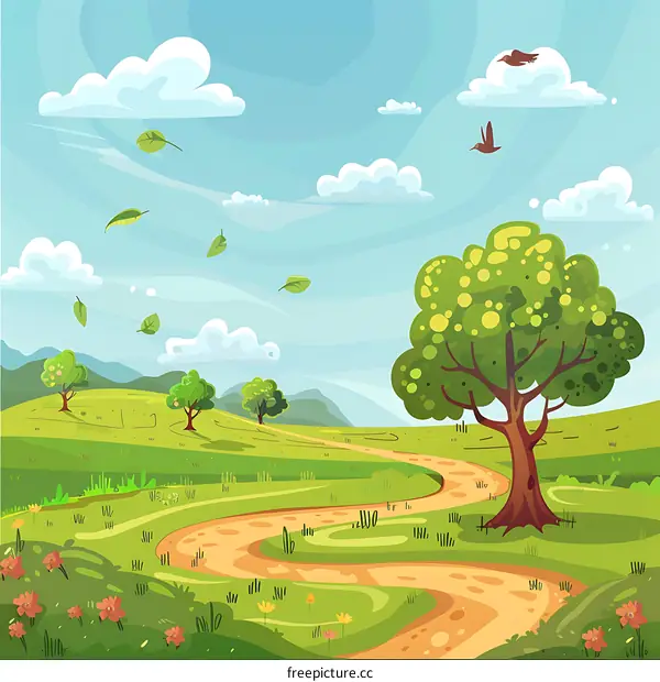 Spring Landscape with Winding Path and Birds Flying in the Sky