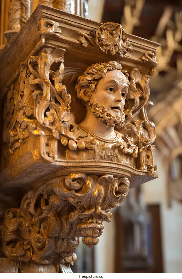 Carved Wooden Face Detail with Intricate Floral Designs