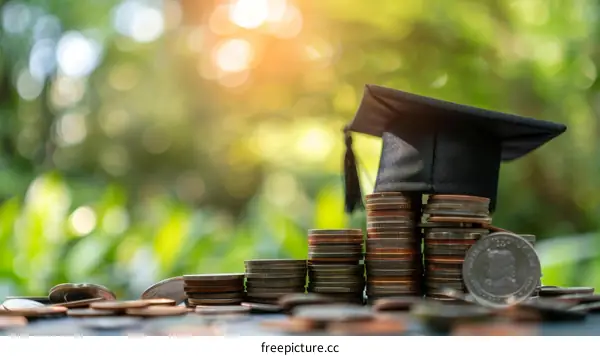 Education cost concept with graduation cap on stack of coins against blurred background