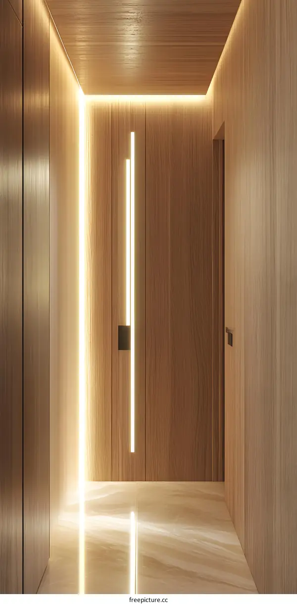 Minimalist Modern Hallway Interior Design with Wooden Walls and LED Lights
