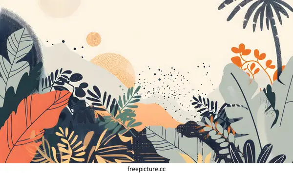 Tropical Plants and Palm Trees Illustration with Abstract Sun