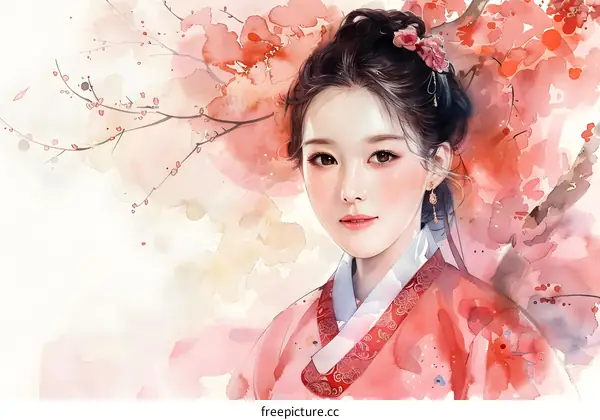 Watercolor Painting of a Korean Woman in Traditional Dress