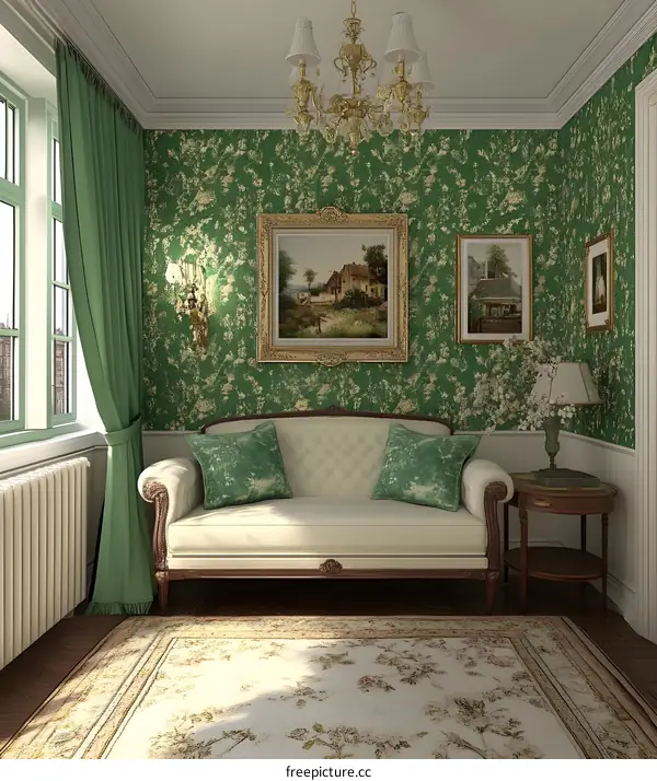 Vintage Green Living Room with White Sofa and Floral Wallpaper