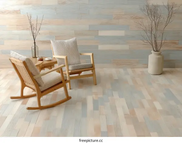 Cozy Living Room with Wooden Rocking Chairs and Light Colored Flooring