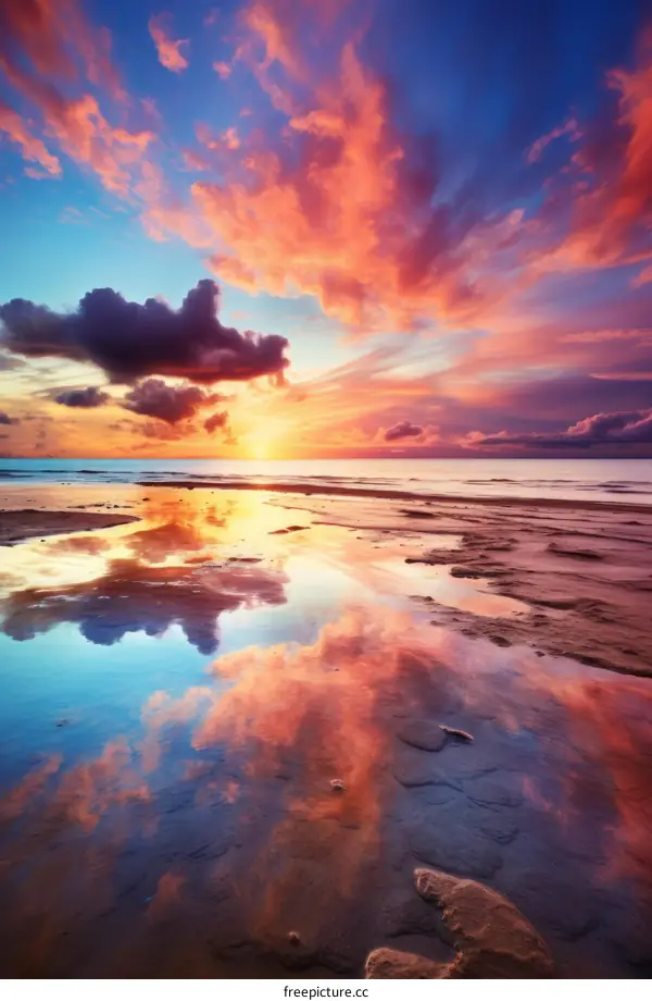 colorful clouds reflecting on the sea at sunset