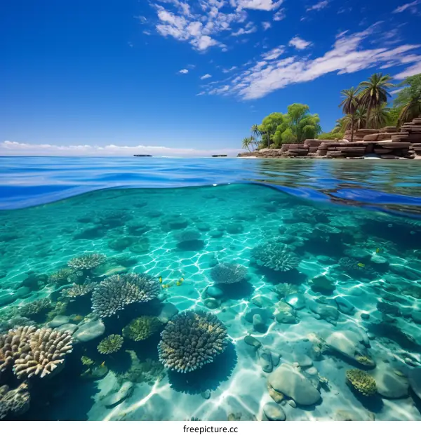 Tropical Beach and Coral Reef Split View