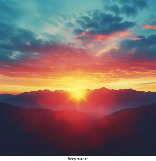 Amazing mountain landscape during sunset with vibrant red orange and blue sky