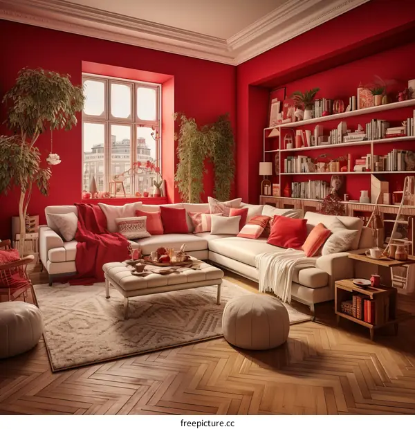A cozy living room with a large red sofa and a red wall