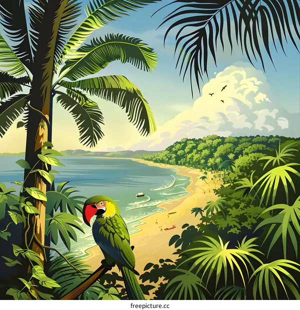 Tropical Beach Paradise Illustration with Parrot