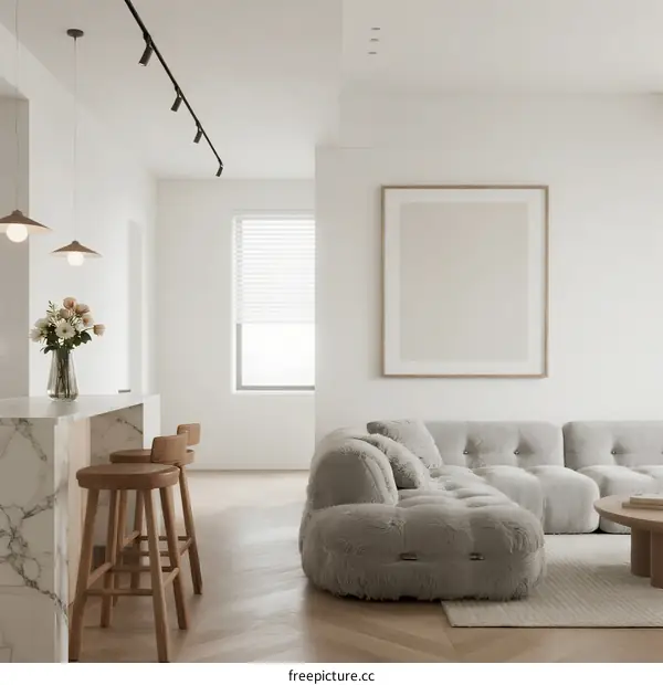 Modern Minimalist Living Room with Large Sofa and Marble Counter