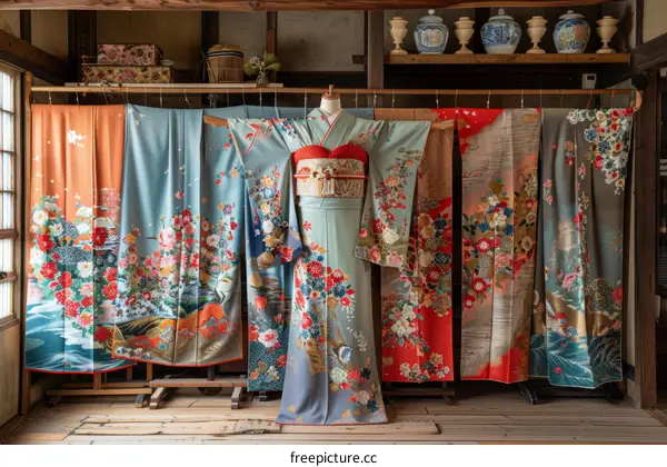 Traditional Japanese Kimono with Floral Pattern Hanging on a Rack