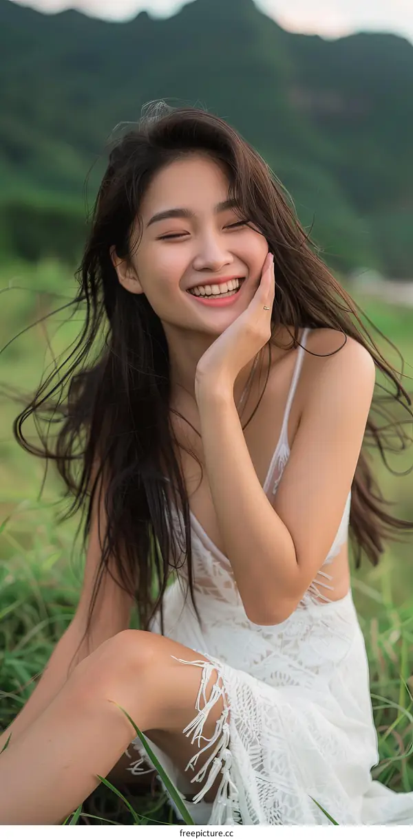Asian Woman in a White Lace Dress in a Grassy Field