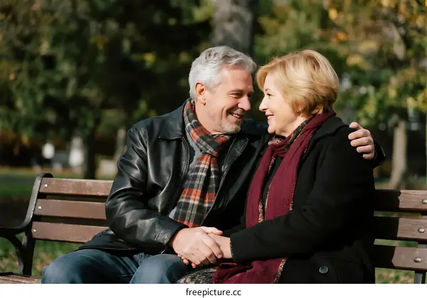 Elderly couple sitting on bench in park showing affection