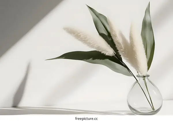 White Pampas Grass in Glass Vase with Shadow