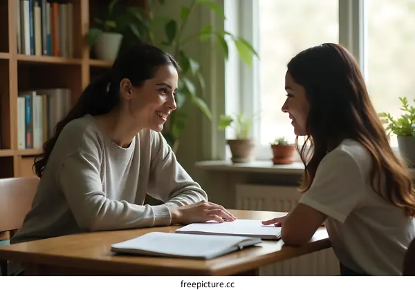 Two Women Having A Conversation Over A Book