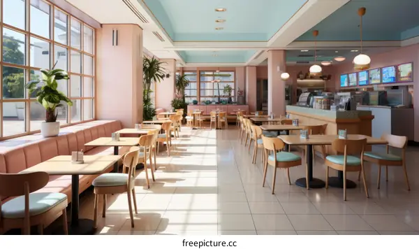 Pink and blue retro diner interior with large windows