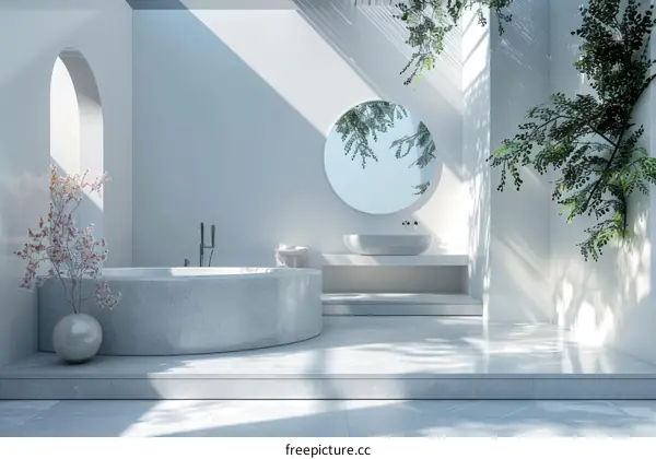 3D rendering of a modern bathroom with a large bathtub, a round mirror, and a plant