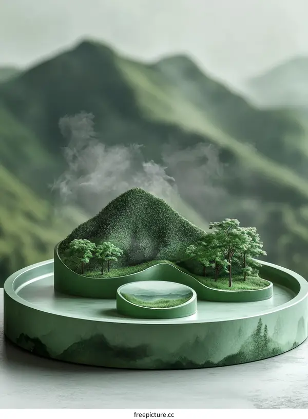 Miniature Mountain Landscape in a Green Tray