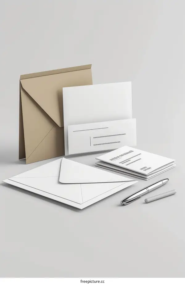 A mockup of a letter and an envelope with a pen on a solid color background