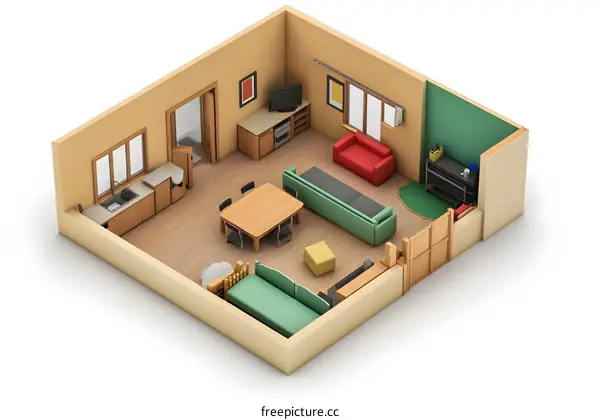 3D Isometric Illustration of a Living Room with Furniture