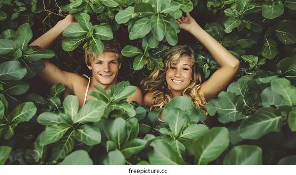 Couple Lying in the Green Leaves