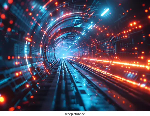 Blue and orange glowing technology tunnel