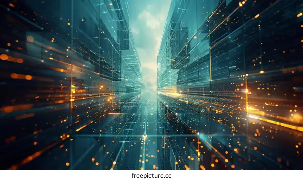 Futuristic technology background with glowing particles and city lights