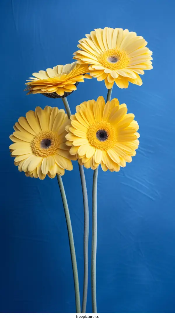 Four Yellow Flowers against a Blue Background